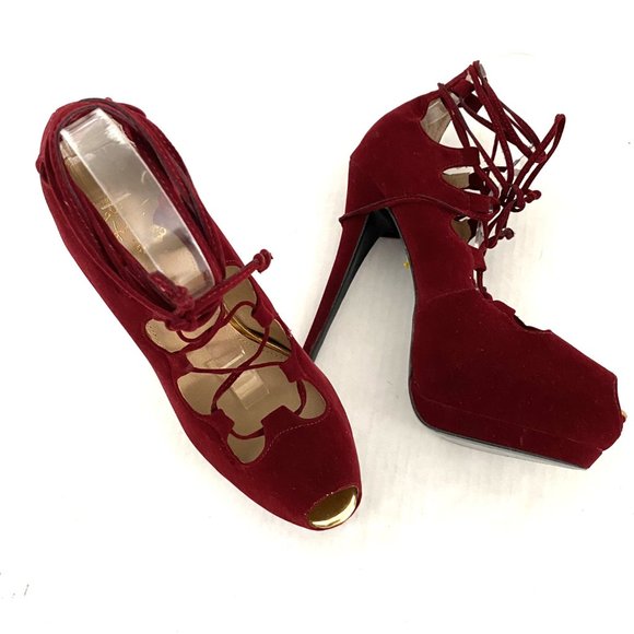 Colin Stuart Lace Up Platform Suede Heels Burgundy - Picture 5 of 15